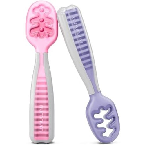 NumNum Pre-Spoon GOOtensils | Baby Spoon Set (Stage 1 + Stage 2) | BPA Free Silicone Self Feeding Toddler Utensils | for Kids Ages 6 Months+, 1-Pack, Two Spoons, Frosty Lilac/Rosebud