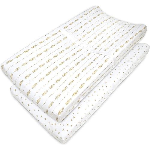 American Baby Company 2 Pack Printed 100% Cotton Knit Fitted Contoured Changing Table Pad Cover - Compatible with Mika Micky Bassinet, Taupe Feathers and Triangles, for Boys and Girls