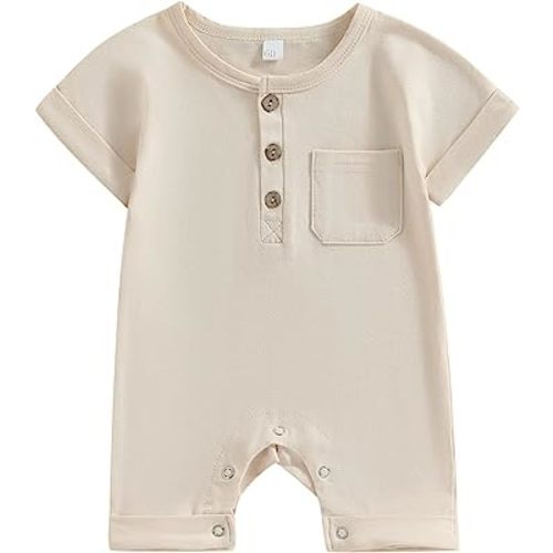 Omkzanbi Gender Neutral Baby Clothes Newborn Solid Romper Onesie Short Sleeve Button Shorts Jumpsuit Cute Summer Outfit 0-18M