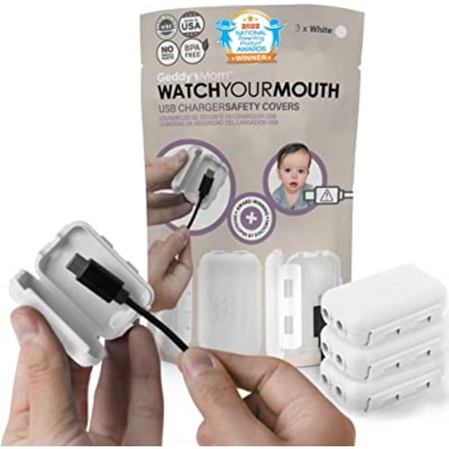 Watch Your Mouth Baby Proof Cord Cover | Award-Winning USB Charger Cover for Baby Proofing Cords | BPA & Phthalate-Free Charger Cover Protector | Electrical Safety Baby Products, (3-Pack, White)