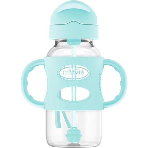 Dr. Brown's Milestones Wide-Neck Sippy Straw Bottle with 100% Silicone Handles and Weighted Straw, 9 oz/270 mL, Green, 6m+