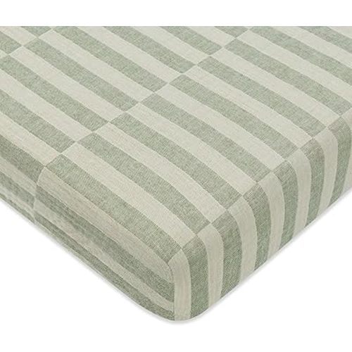 Babyletto 100% Organic Cotton Mini Crib Sheet, GOTS-Certified, Fitted 360°, Ultra-Soft and Breathable Muslin - Moss Green Offset Stripe