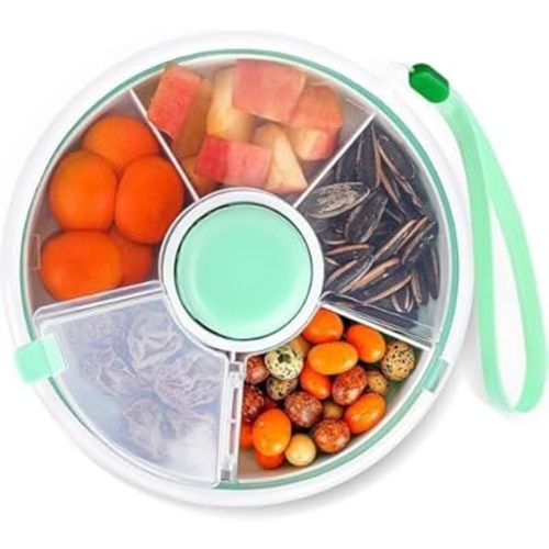 Portable Snack Spinner Bundle, Food Storage Container, Snack Spinner Rotating Storage, Reusable Snack Container with 5 Compartment Dispenser and Lid, Snack Box (Light Green)