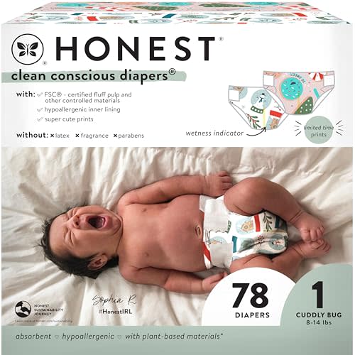 The Honest Company Clean Conscious Diapers | Plant-Based, Sustainable | Winter '24 Limited Edition Prints | Club Box, Size 1 (8-14 lbs), 78 Count