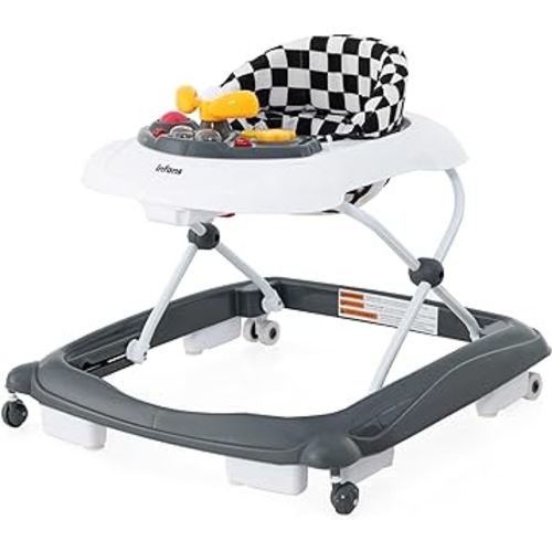 INFANS Foldable Baby Walker, 3 in 1 Toddler Walker Leaning-Seated Walk-Behind with Removable Music Tray, Adjustable Height, Washable Seat Cushion for Boys and Girls (Checkerboard)