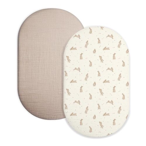 Bassinet Sheet for Baby Boy and Girl 2 Pack, Fitted Sheets for Rectangle, Oval, Hourglass Bassinet Mattress, Muslin Moses Basket Sheets with Neutral Style(Hopping Bunnies & Beige)
