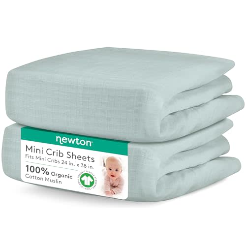 Newton Baby Mini Crib Fitted Sheets (2-Pack) | Organic Muslin Cotton, Ultra Breathable & Soft Baby Sheets, Machine Washable Baby Mattress Sheets, Fits Any Mini Sized Crib 24" x 38", Sage