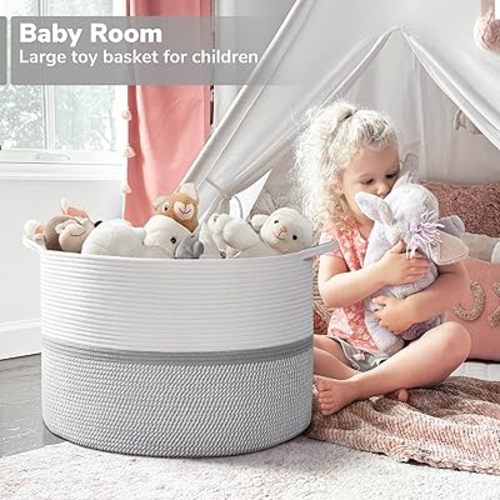 CHICVITA XXL Extra Large Cotton Rope Woven Basket, Throw Blanket Storage Basket with Handles, Decorative Clothes Hamper,22" x 22" x 14"