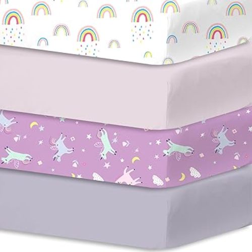 Little Grape Land Crib Sheets for Boys Girls,Baby Crib Sheets Fitted 4PK for Standard Crib and Toddler Bed Mattress,52"x28"Soft Breathable Microfiber Crib Mattress Cover with Cute Patterns(Unicorn)