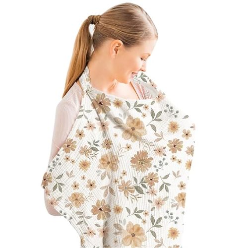 Konssy Muslin Nursing Cover for Baby Breastfeeding, Breathable 100% Cotton Breastfeeding Cover with Rigid Hoop for Mother Nursing Apron, Multi-use Carseat Canopy (Flourish) - Floral