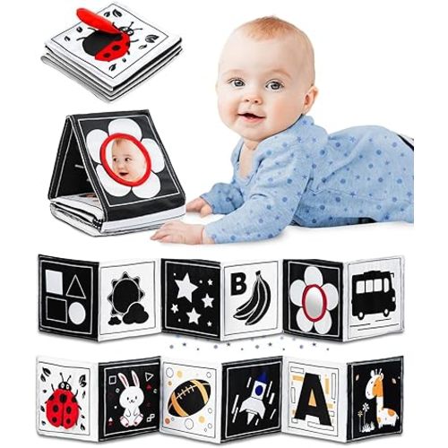Infinno High Contrast Baby Toys for Newborn, Tummy Time Mirror Black and White Toys for 0-6 Months, Visual Sensory for Infant 0-3-6 Months, Newborn Baby Registry Essential Stuffers