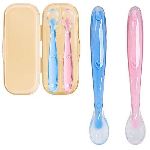 Baby Silicone Spoon,2 Pcs Soft Training Feeding Spoons for First Stage Baby and Infant, High Temperature Resistant Biting Spoon+Non-Slip Handle, Dishwasher Safe and Boilable