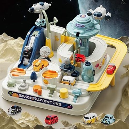 Fistone Kids Race Track Car Adventure Toy for Toddlers, Spaceship Puzzle Rail Track City Rescue Playset with 4 Mini Cars, Preschool Educational Car Games Toys for Boys Age 3+