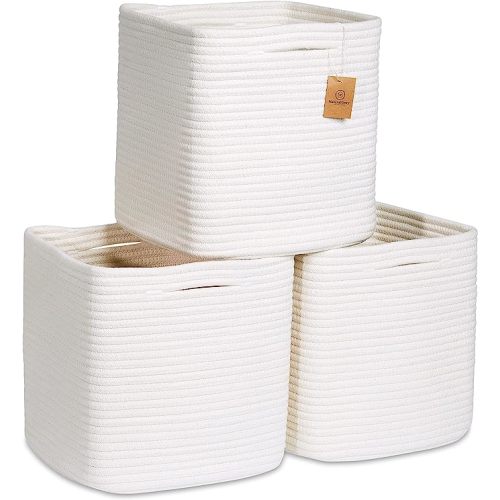 NaturalCozy Storage Cubes 11 Inch Cotton Rope Woven Baskets for Organizing, 3-Pack | Cube Storage Bin | Square Storage Baskets for Shelves Organizer, Classroom, Kids Toy Bins, Closet, Baby Nursery - Off White