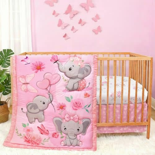 FIGEPO Baby Girl Crib Bedding Set Pink Elephant Crib Nursery Comforter Bed Sets Decor with Fitted Crib Sheet, Comforter and Bed Skirt for Boys Girls (Elephant)