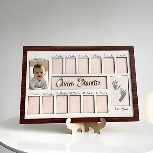 My First Year Photo Board, 12 Month Picture Frame for Baby First Year, 1st Birthday Party, 1st Birthday Baby Picture Frames Personalized, One Year Monthly Milestone Sign Banner (Baby Footprint)