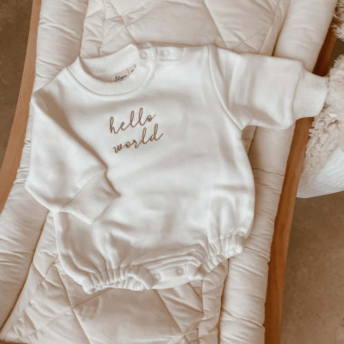 PRE ORDER - Long Sleeve ‘Hello World' Embroidered Sweater Bubble Romper - Est dispatch late Sept