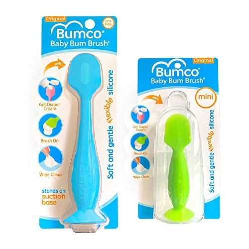 Baby Bum Brush, Original Diaper Rash Cream Applicator, Soft Flexible Silicone Brush, Unique Gift + Mini Diaper Rash Cream Applicator with Travel Case, (Blue + Green)