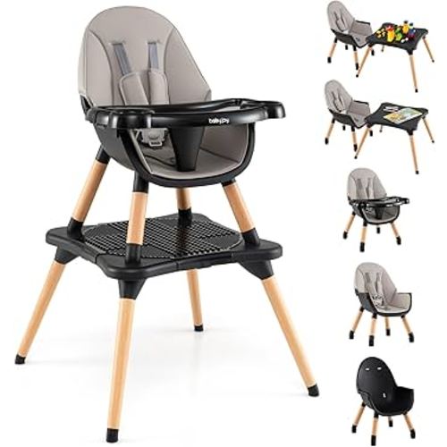 BABY JOY 6 in 1 High Chair, Convertible High Chairs for Babies and Toddlers/Booster Seat/Table and Chair Set, Infant Wooden Highchair w/ 5-Point Harness, 4-Position Removable Tray & PU Cushion (Black)