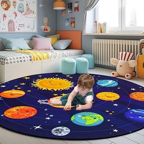 Round Space Rug for Kids Room Solar System Circle Rugs for Bedroom Kids Rugs for Playroom Boys Space Planet Theme Rug Living Room Dining Room Decor 72x72 inch