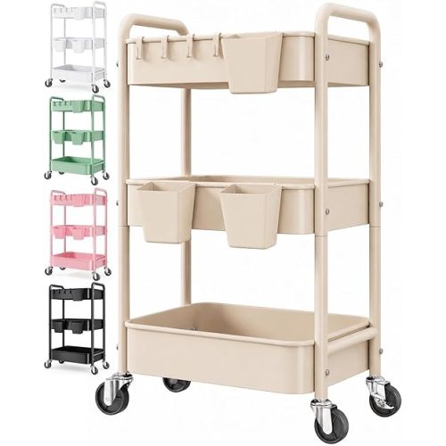 3 Tier Beige Rolling Storage Cart Metal on Wheels, Cream Three Tiered Diaper Caddy with Wheels,Utility Organizer Trolley for Nursery,Postpartum,Art,Craft,Khaki Roller Bedside Carts for Baby Essentials