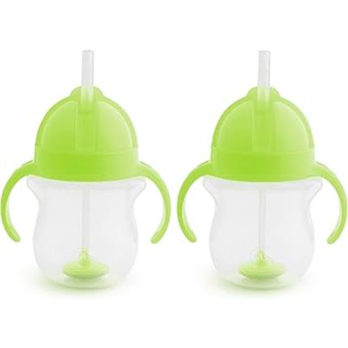 Munchkin Any Angle Sippy Cups for Toddlers, Spill Proof Weighted Straw Cup with Transition Handles for Babies 6 Months and Up, 2 Pack, Green