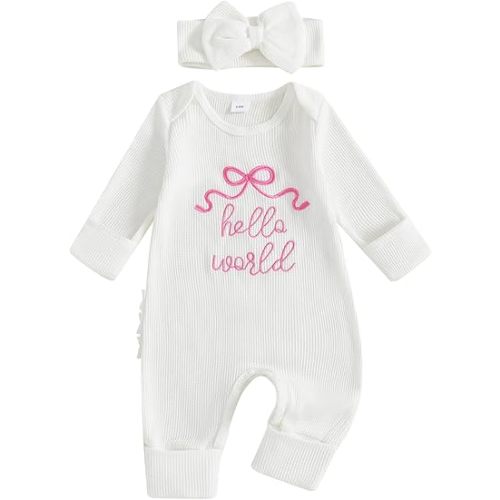 Nebworn Baby Girl Waffle Knit Romper Long Sleeve Ruffle Butt Onesie Fall Winter Clothes Coming Going Home Outfit