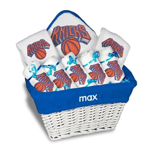 Personalized Baby Gift Basket - Embroidered NBA New York Knicks Basket with Bibs, Burp Cloths & Towel Set - 3 Sizes Available