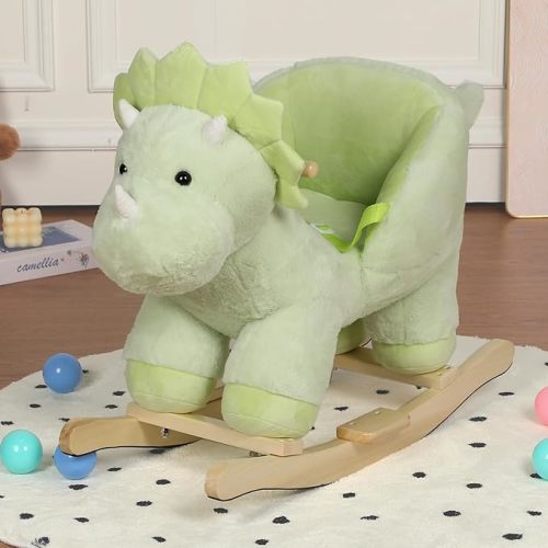 Dinosaur Baby Rocking Horse for Toddlers 1 Years to 3 Years, Stuffed Plush Ride-on Rocking Animal with Realistic Sound and Music, Wooden Rocking Horse with Seat, Green Dinosaur, CPC Certified