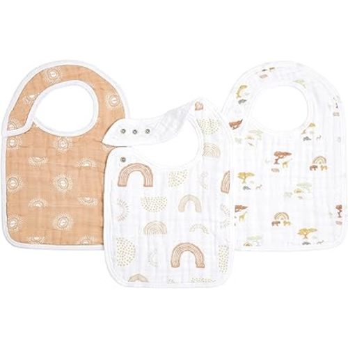 aden + anais 100% Cotton Muslin Snap Bib – Super Absorbent, Soft 3-Layer Baby Bib for Boys & Girls with Adjustable Snap-Closure for Teething, Eating, Drooling, 3-Pack, Keep Rising