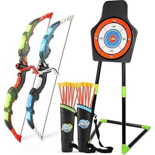 Bow and Arrow Set for Kids, 2-Pack LED Light Up Archery Set with 20 Suction Cup Arrows, Indoor and Outdoor Toy for Boys Girls Age 4-8 8-12 with Standing Target&2 Quivers, Birthday Gift 3-12 Years Old
