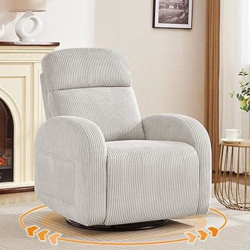 Swivel Recliner Rocker Nursery, Nursering Glider Recliner, Manual Swivel Rocking Reclining Single Sofa with Double Pockets for Living Room,Corduroy Camel