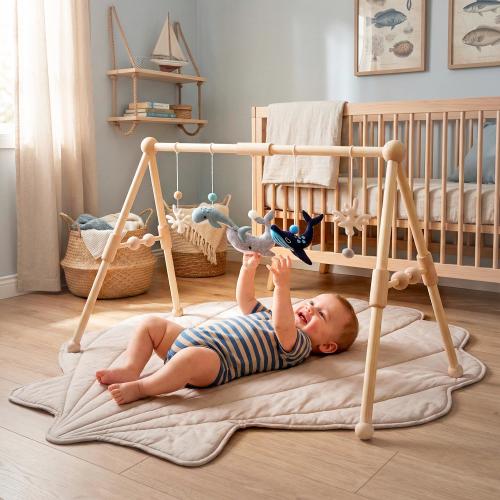 Wooden Montessori Baby Gym + Ocean Handing Toys + Shell Play Mat, Nautical Sea Nursery Decor, Newborn Gift