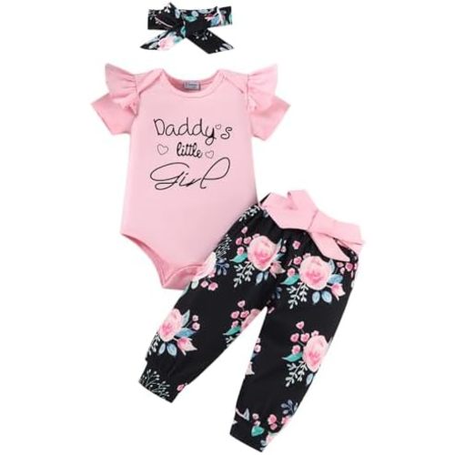 Baby Girl Clothes Set Daddys Printed Ruffle Romper Top Floral Pants Newborn Infant Girl Clothing Outfit