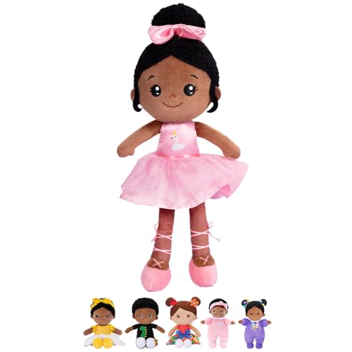 OUOZZZ 12.6" Black Soft Baby Dolls Toys for 1 Year Old Girl Gifts, African American Dolls Birthday Gifts for 1 Year Old Girl Ballerina Doll Plush Toys for Toddler