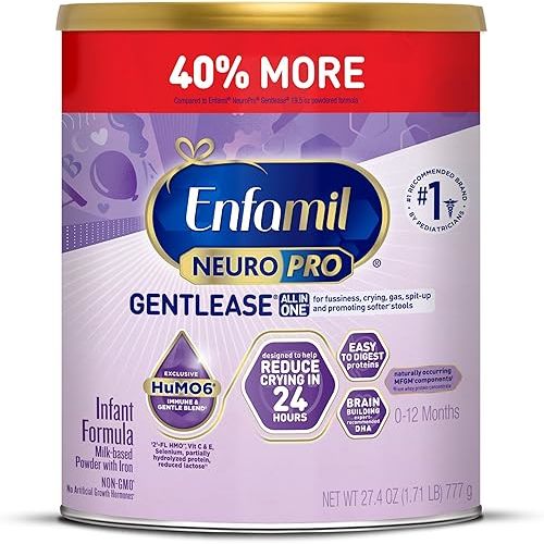 Enfamil NeuroPro Gentlease Baby Formula, Brain Building DHA, HuMO6 Immune Blend, Designed to Reduce Fussiness, Crying, Gas & Spit-up in 24 Hrs, Prebiotics to Promote Softer Stools, Baby Milk, 27.4 Oz
