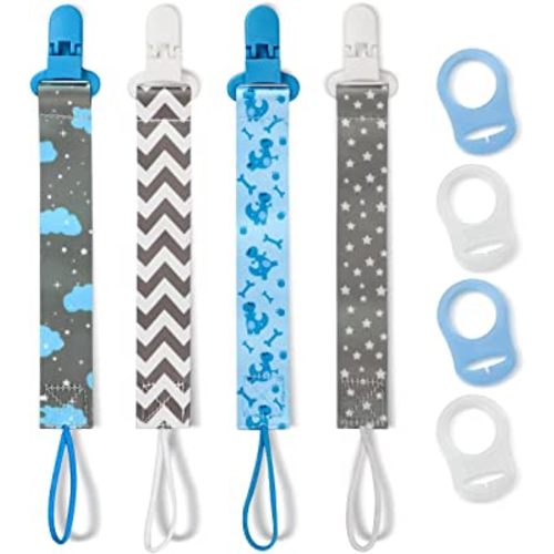 4 Pack Pacifier Clips for Boys Girls, Dummy Clips Baby with Adapters, Silicone Binky Clips for Baby Teething Toys Baby Shower (Blue)