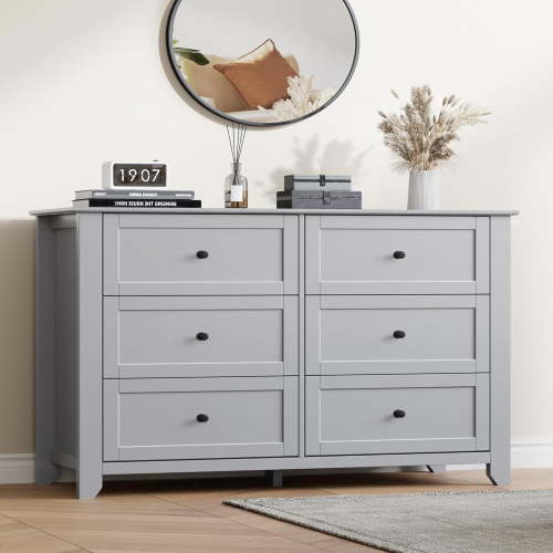 Grey 6 Drawer Dresser for Bedroom, 54" Wide Large Dresser with Deep Drawers & Metal Knobs, Modern Wooden Chests of Drawers for Entryway, Hallway