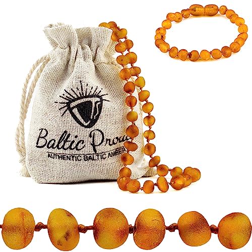 Baltic Proud Raw Amber Necklace and Bracelet Gift Set (Unisex Honey Raw 12.5 Inches/5.5 Inches) - Certified Premium Quality Raw Baltic Sea Amber