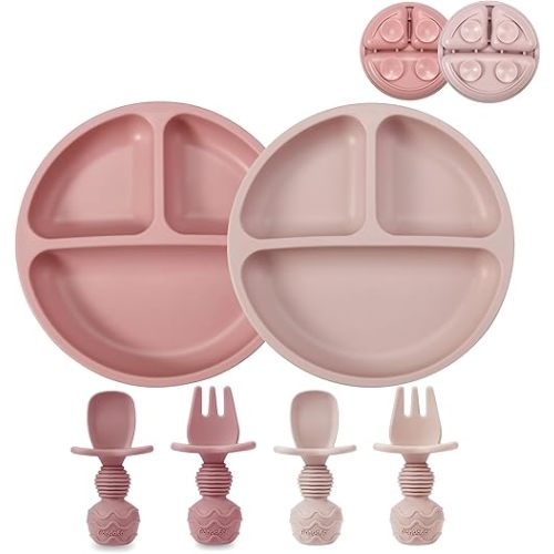 PandaEar 2 Pack Toddler Divided Suction Plates with 2 Spoons 2 Forks for Babies | Silicone Baby Led Weaning Supplies Self Feeding Eating Utensils | BPA-Free Silicone Baby Feeding Set -Pink
