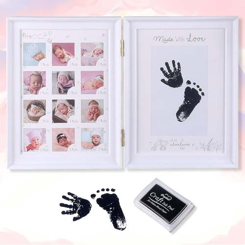 OwnShow Baby Picture Frame First Year, Baby Handprint and Footprint Kit with Ink Pad, 12 Month Milestones Baby Gift, Anniversary Growth Record Keepsake for Mom/Newborn (White Foldable)