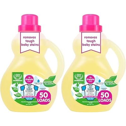 Dapple Baby Laundry Detergent by Baby, Concentrated & Hypoallergenic, Powered by Plants, Stain Removing Natural Ingredients, Fragrance Free, 50 Fl Oz (Pack of 2)