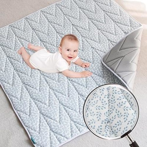 Biloban Baby Play Mat, 50x50 Baby Play Mats for Floor, Thick Foam Floor Playmat for Baby Playpen for Babies & Toddlers, Foldable & Soft One-Piece Crawling Playpen Mat for Kids, Blue Leaf