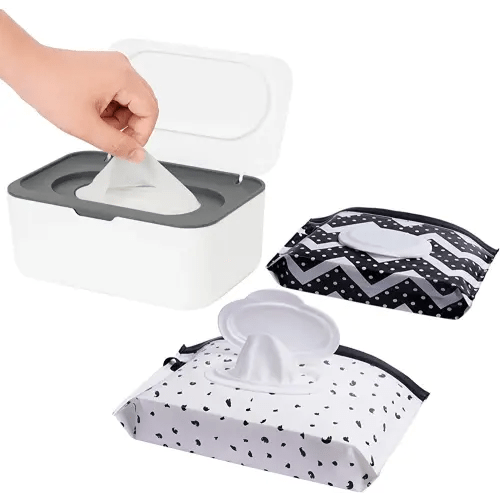 Wipes Dispenser with 2 Portable Wipe Cases, Wipe Holder for Baby & Adult, Seposeve Refillable Wipe Container, Keeps Wipes Fresh, One-Handed Operation. Easy Open/Close Wipes Pouch Case, (Grey)
