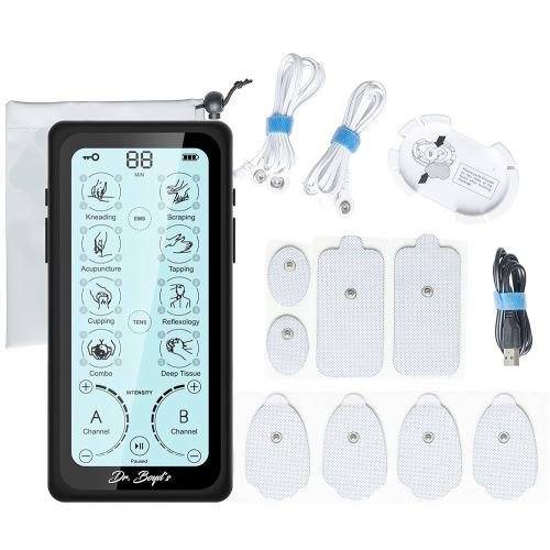 Dr. Boyd's "Advanced X" Touchscreen TENS & EMS Unit -32 Modes, 8 Settings, Large Back-Lit Touchscreen Display, Dual Channel, Re-Chargeable Battery, Automatic Timer, 5 Pairs of Pads, Storage Bag