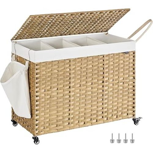 SONGMICS Laundry Hamper with Lid, 55.4 Gallons (210 L), Rolling Laundry Basket with Wheels, 4-Section Synthetic Rattan, Removable Liner, Bedroom, 33.9 x 15.7 x 26 Inches, Natural Color ULCB460Y01
