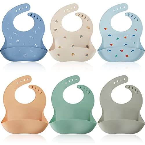 6 Pcs Baby Silicone Bibs Soft Adjustable Fit Baby Bibs Waterproof Feeding Silicone Bibs with Food Catcher Pocket for Toddlers Girls Boys