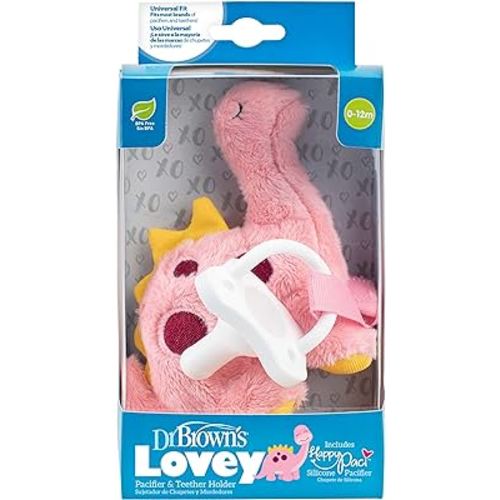 Dr. Brown's Baby Lovey Pacifier and Teether Holder, Dinosaur with White HappyPaci, 100% Silicone, 0-6m