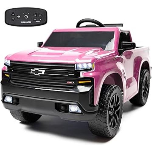12V Battery Powered Licensed Chevrolet Silverado Kids Ride On Truck Electric Vehicle with Parent Remote Control, High Speed Mode (5 MPH), LED lights, Retractable Tailgate, & Truck Sounds