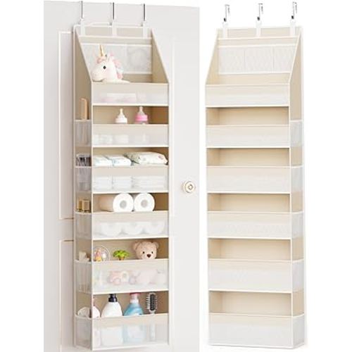 Criusia Over the Door Organizer, 6-Shelf Closet Hanging Storage with 13 Mesh Pockets, 55lbs Capacity Behind the Door Storage for Baby Nursery, Bathroom, Bedroom, and Dorm, Beige